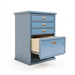 Blue file cabinet with drawers opened isolated on a white background in a studio setting.
