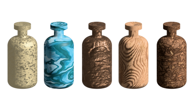 Five stylish bottles with diverse textures