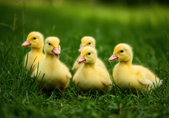 A charming group of fluffy, yellow ducklings exploring the lush green grass.