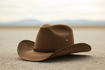 Vintage cowboy hat on desert sand under bright sunlight