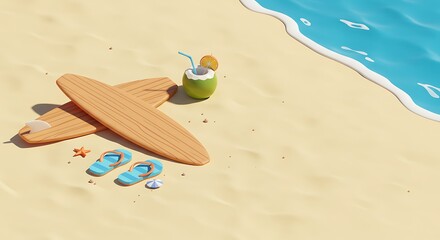 Summer Beach Scene: Surfboards, Coconut Drink, and Flip-Flops on Sandy Shore