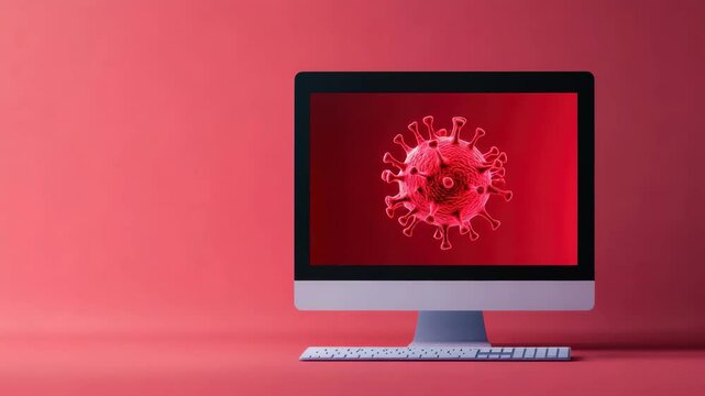 Computer virus red technology screen digital infection concept medical health disease background isolated modern monitor keyboard communication science data network cyber alert illness healthcare