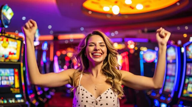 Joyful Woman Celebrating 777 Jackpot Win at Slot Machine &ndash; Coins, Confetti, and Flashing Lights in Festive Casino Atmosphere