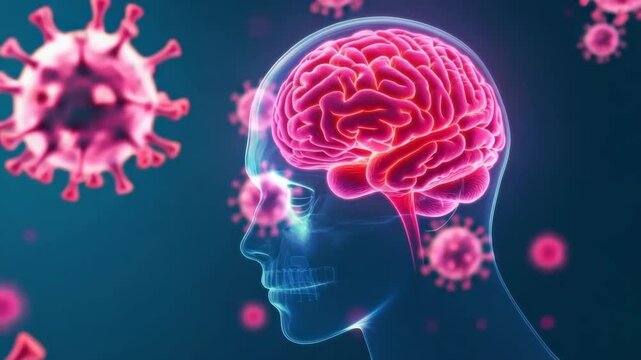 Human brain anatomy virus infection medical health neurological mental illustration showing microscopic pathogen impact on brain function and disease biology science healthcare protection