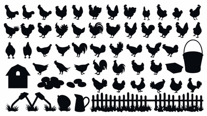Naklejka premium Silhouette vector art featuring various chickens, farm elements, and rural countryside objects design |eps vectors set