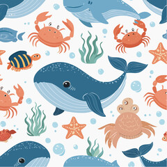 Happy sea animals doodled for little ones — perfect for beachwear, posters, or books.
