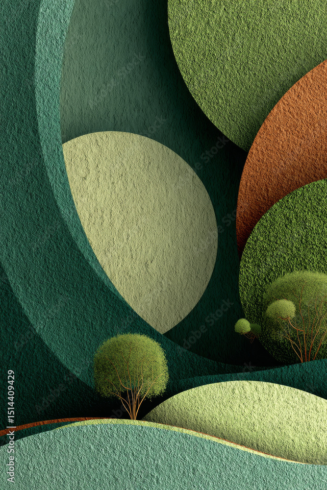 Poster abstract landscape with textured circles and trees in green and earthy tones, creating serene and ha