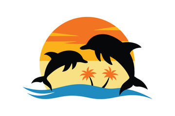 Two dolphins jumping over ocean waves at sunset vector illustration