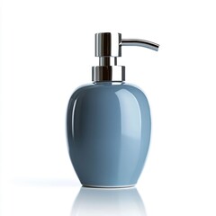 Obraz premium Elegant blue soap dispenser with shiny chrome pump on a clean white background