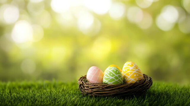 Easter egg colorful painted decoration in small nest on green grass with bright spring holiday celebration nature background festive seasonal outdoor sunlight