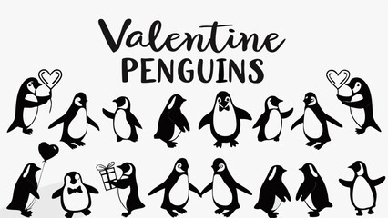 Valentine penguins collection with hearts and gifts in black and white vector illustration design set of many |eps vectors set silhouette