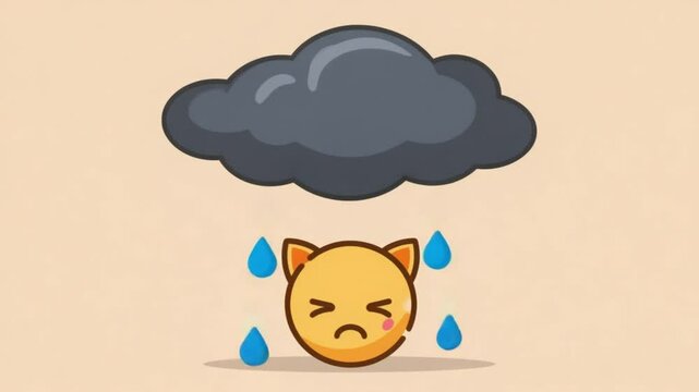 Melancholy cat emoji with raincloud and falling raindrops"
