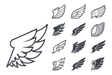 Wing Icons Set. wing logo design. bird, bat, eagle, and minimalist wing icons for branding, tattoos, emblems, or fantasy design projects