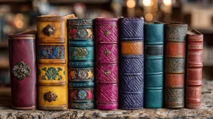 Array of old vintage hardcover books with intricate embossed covers and aged pages arranged vertically on rustic wooden shelf in cozy library