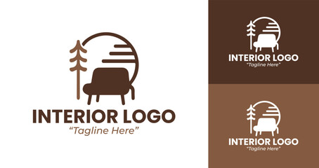 Modern and Minimalist Interior Design Logo with Sofa and Nature Elements in Brown Color