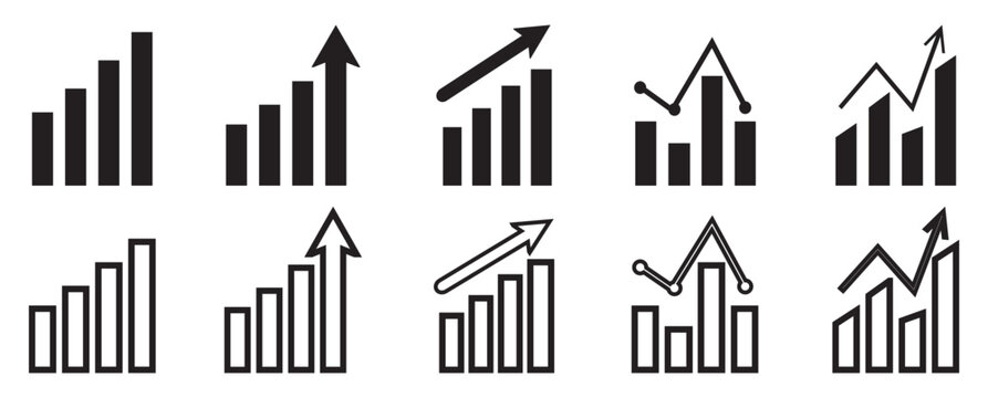 Up and down graph chart vector icon set. growth increase and decrease sign. economy rise and decline symbol. Growth bar chart, Business chart with arrow, Profit growing icon, Grow