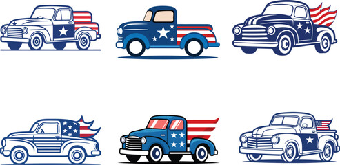 Set of patriotic vintage truck vector illustration on white background.