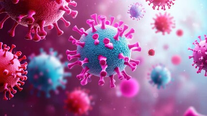 Coronavirus particle virus close up microscopic infection pandemic medical viral disease health risk contagious pathogen 3D illustration colorful virus particles floating with detailed spike proteins - Powered by Adobe
