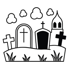 Naklejka premium A cemetery gravestones halloween grave line art vector illustration on white background.
