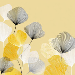 Elegant single line art of modern Thai pattern with abstract leaves on pastel yellow background