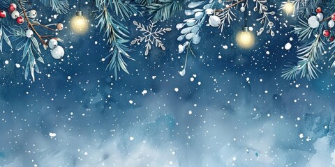 dreamy watercolor Christmas banner with a deep midnight blue and frosty silver background. Hanging from the top are icy pine branches, delicate mistletoe sprigs, and glowing star ornaments