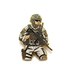 Fototapeta premium enamel pin of an army military man soldier, lapel pin, military figure, miniature pin, pin design, collectible pin, army collectible, military badge, army badge, tactical, combat gear, decorated