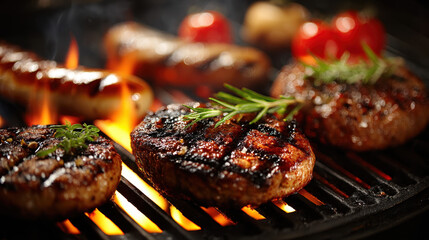 Close up of sizzling grilled beef patties with herbs on a barbecue grill with flames and blurred sausage links in the background showcasing outdoor cooking and barbecue grilling process