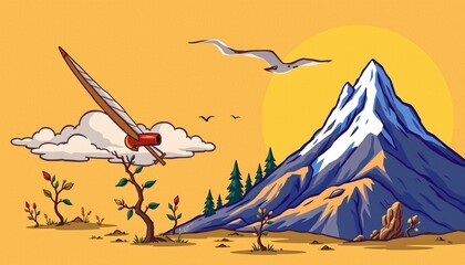 Naklejka premium a kawaii style illustration of summit, positioned right, ,no text, no logo, isolated yellow background