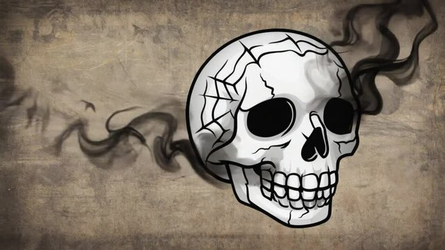  a skull emoji cracks slightly as black smoke seeps out, soft grunge backdrop 