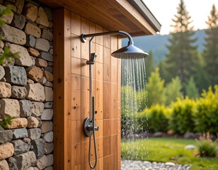 Outdoor shower with wood and stone