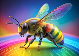 Close-up of a colorful rainbow striped bee with iridescent wings, showcasing vibrant colors and intricate details in a whimsical digital rendering