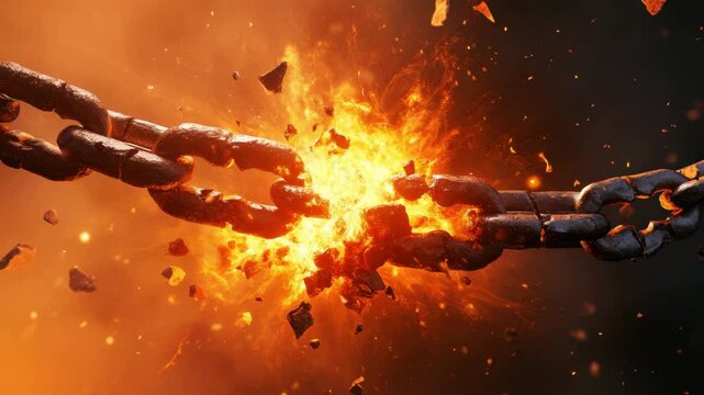 Breaking chain with fiery explosion, metal sparks and debris flying in dramatic destruction scene, intense fire background showing powerful metal link breaking apart