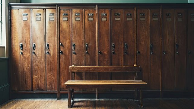 Row of wooden lockers with bench in front in locker room