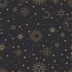 Mystical pattern with sun, moon and stars on a dark background, seamless pattern, vector