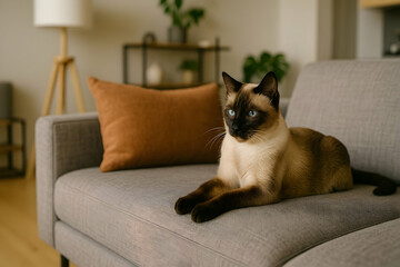 Siamese cat relaxing on sofa in cozy living room with modern background high-resolution animal portrait