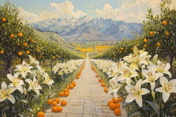 A pathway lined with orange trees and lilies, leading to mountains.