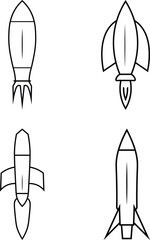 Outline Vector Set of Rocket Icons, Four Simple Line Art Rocket Illustrations