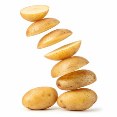 Obraz premium A dynamic splash of round fresh potatoes falling in mid-air with scattered motion, isolated on white background