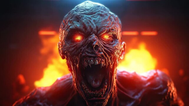Horror monster with glowing eyes and sharp teeth screaming fiercely in front of fiery background, terrifying creature with decayed skin in dark scary setting evoking intense fear and horror