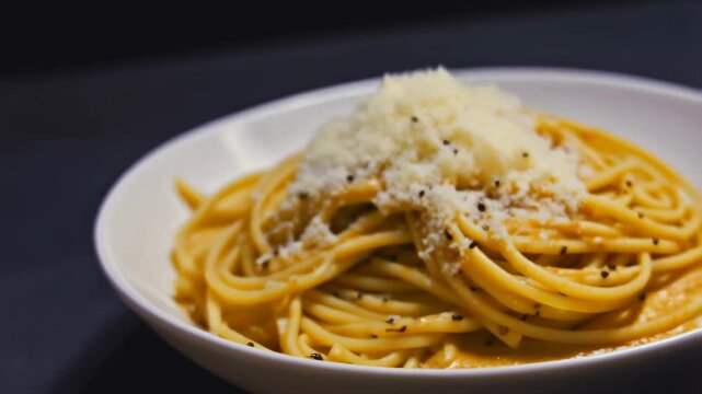 A bowl of pasta topped with parmesan cheese and sauce. Classic Italian dish ready to be enjoyed.
