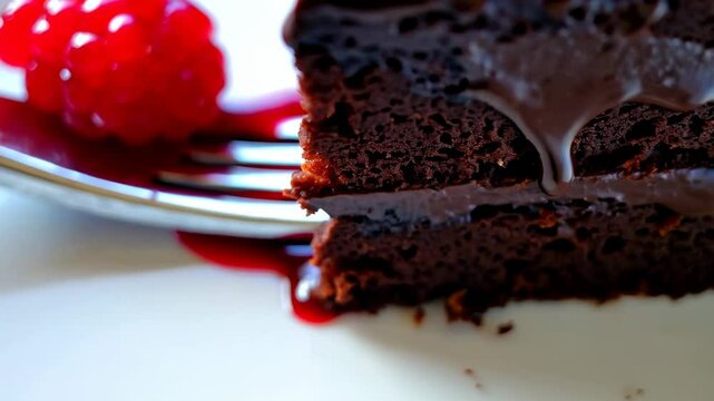 Chocolate cake with cherry topping on plate.