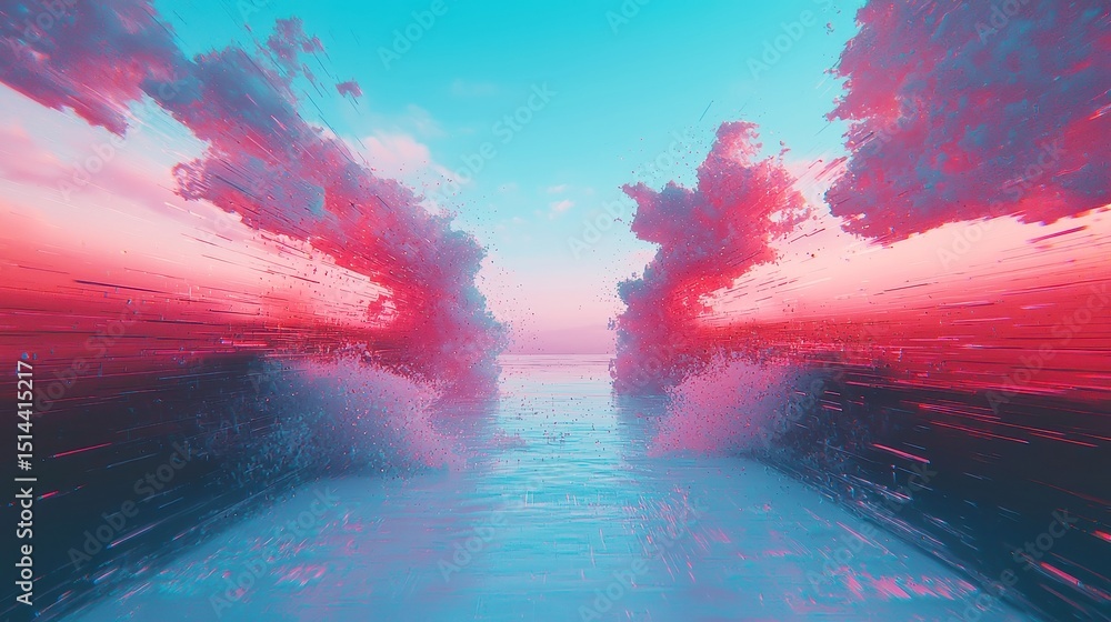 Poster binary dreamscape, a vibrant flow of cyan and magenta particles glitches across a digital canvas, cr