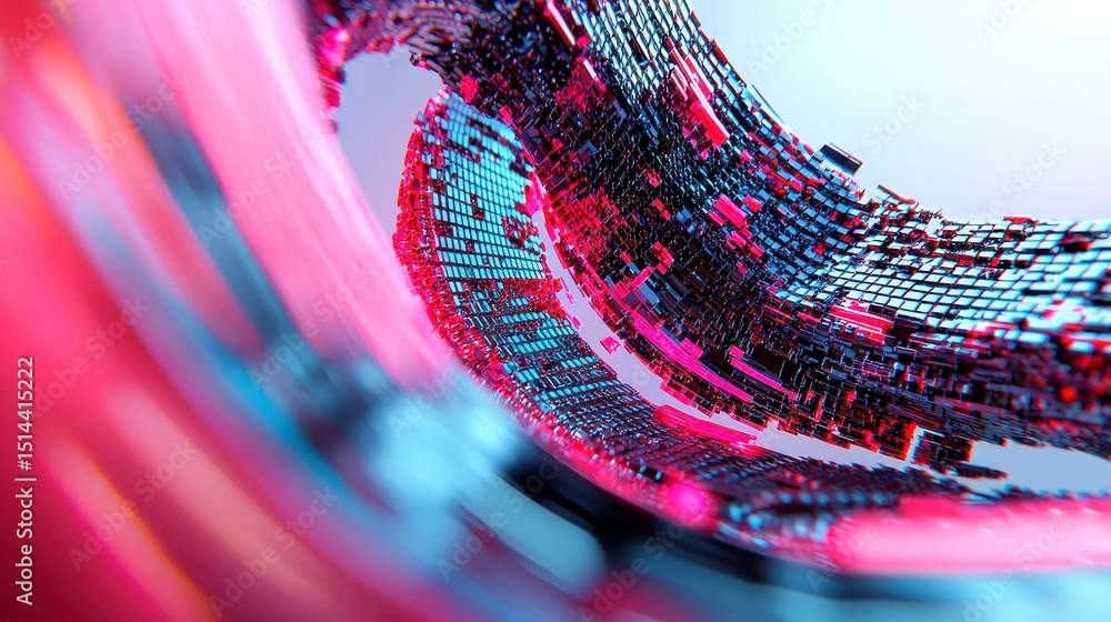 Poster vivid binary cascade, a surreal display of flowing cyan and magenta particles glitching rhythmically