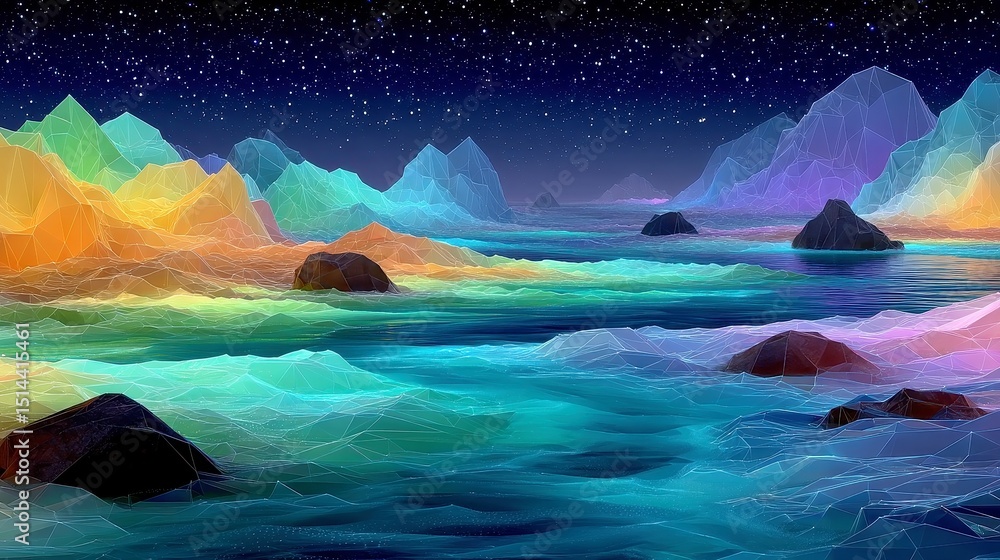 Poster neon stream in polygonal terrain, a vibrant flow of neon light weaving through angular landscapes, p