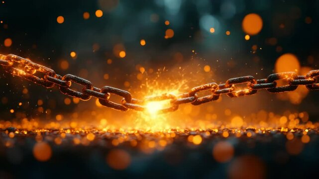 Close up of glowing hot metal chain breaking with sparks and fire, showing strength and tension in dramatic fiery scene with intense glowing sparks and breaking metal chain links