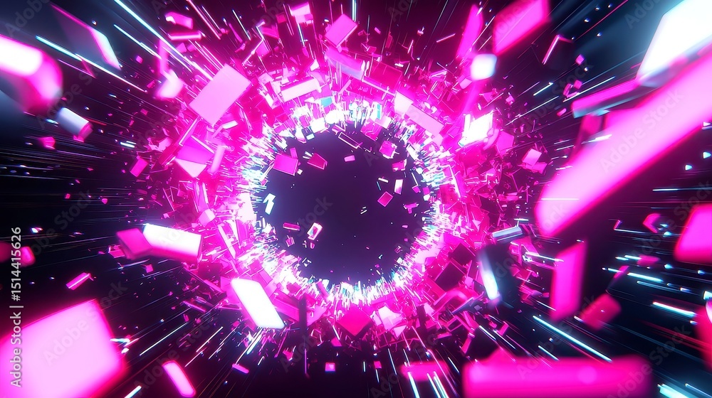 Poster glitch shard symphony, a vibrant data stream fracturing into dynamic shards, spiraling in luminous c