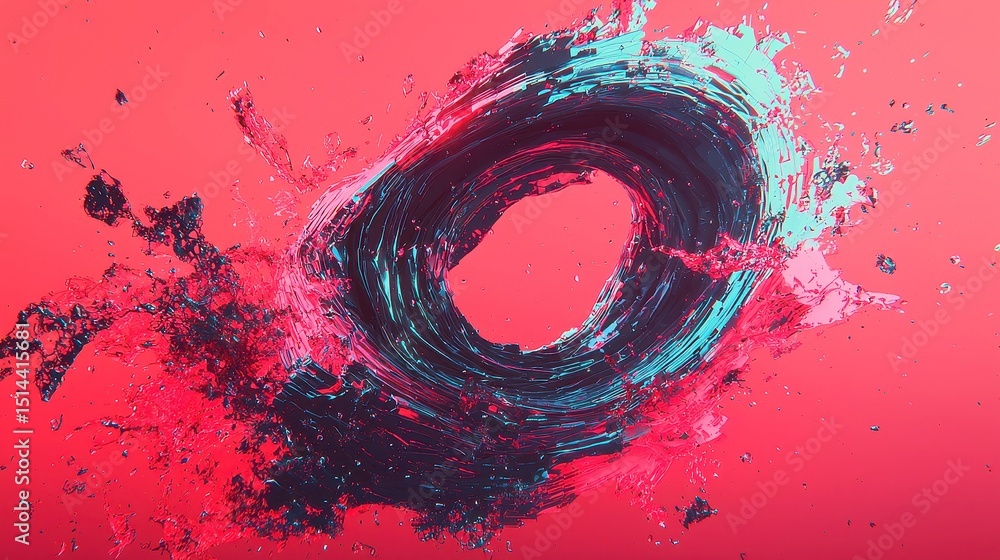 Poster glitch shards in luminous cyan and fuchsia, a vibrant data stream fracturing into shards, spiraling 