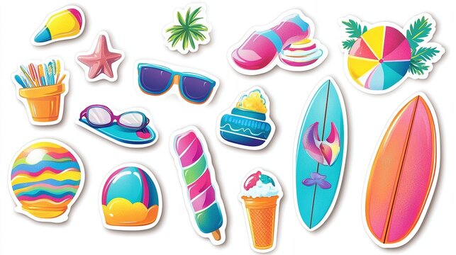 Colorful summer vacation stickers, featuring various beach and ice cream items