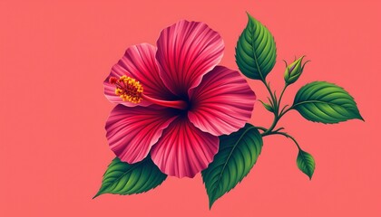 Naklejka premium a streetwear inspired depiction of hibiscus, positioned right, ,no text, no logo, coral background
