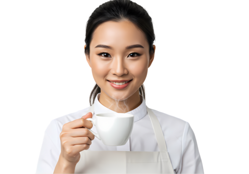 Smiling Woman Enjoying a Warm Beverage isolated on transparent baackground - Powered by Adobe